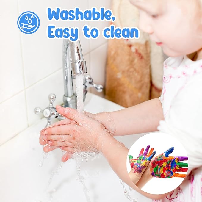 ABEIER Washable Kids Paint, Safe Non-Toxic Finger Paint, 12 Vibrant Colors(2 fl oz) with 3 Paint Brushes, Mess-Free Arts & Crafts Supplies for Toddlers & Grandkids, Ages 3, 4, 5