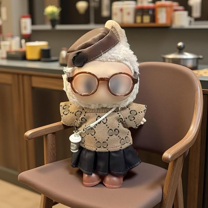 17cm Doll Clothes for lububu,Cl othes Suitable for lububu Dolls Outfits and Accessories Set,Including Top+Hat+Bag+Skirt+Shoes+Glass - 6PACS Not D oll(Brown)