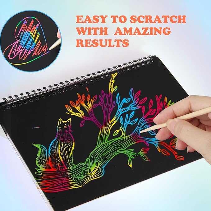 Mocoosy 3 Pack Rainbow Scratch Art Paper Notebooks, Spiral Bound Magic Scratch Pads for Kids Arts Crafts Supplies, Black Sketch Note Coloring Activity Book Easter Basket Stuffer Gifts for Girls Boys