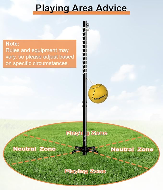 Garbuildman Tetherball Set with Ball & Rope for Outdoor Backyard, Adjustable Tether Ball Pole with Screw Reinforcement 5-Prong Base for Playground, Outside Ball Games Sports for Kids & Adults