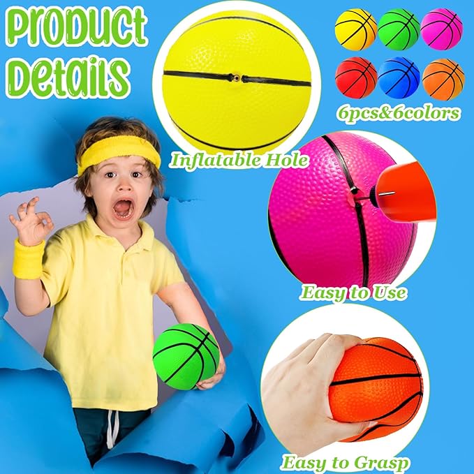 6Pcs 5Inch Mini Toy Basketballs,Colorful Rubber Inflatable Basketball with Pump for Toddlers Kids Pool,Basketball Hoop,Beach Sports Game,Party Favor Indoors Outdoors
