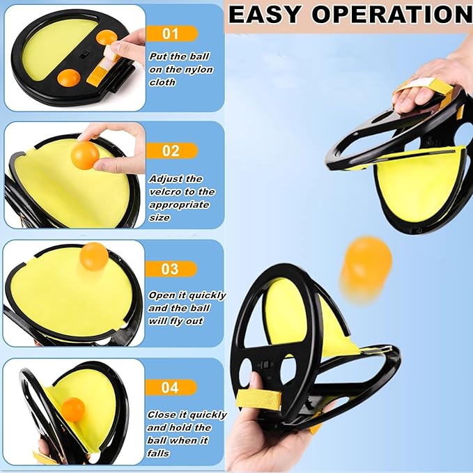 Toss and Catch Ball Game for Kids & Adults, 2Pcs Velcro Throw Catch Ball Set to Improve Hand Eye Coordination Ability, Portable Racket Pocket with Launcher, Ideal Outdoor Game Choice