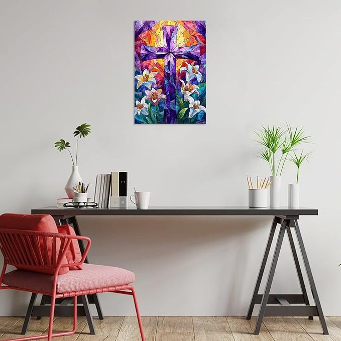 Great Jigsaw Puzzles for Adults 300 Pieces Stained Glass Cross Lily Religious Puzzles for Adults Toys Gift Family Decoration Kids Puzzle