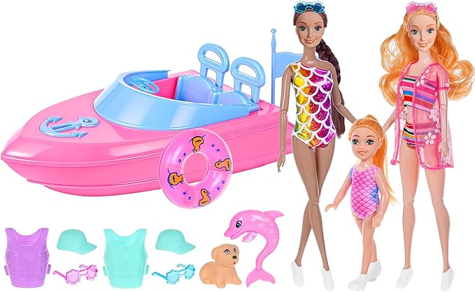 dollbie Fashion Dolls and Boat Playset - 11.5 Inch Dolls with Swimwear, Life Vests, Accessories, 5.5 Inch Doll, Pet Puppy and Dolphin Toy - Summer Beach Adventure Gift Set for Girls