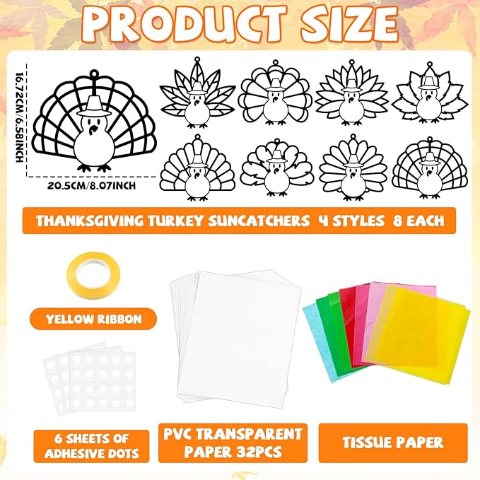 32 Sets Thanksgiving Turkey Suncatchers Craft Kit DIY Window Stained Glass Effect Thanksgiving Turkey Paper Crafts Home School Classroom Decoration Kid Birthday Gift Creative Art Project Activity Game