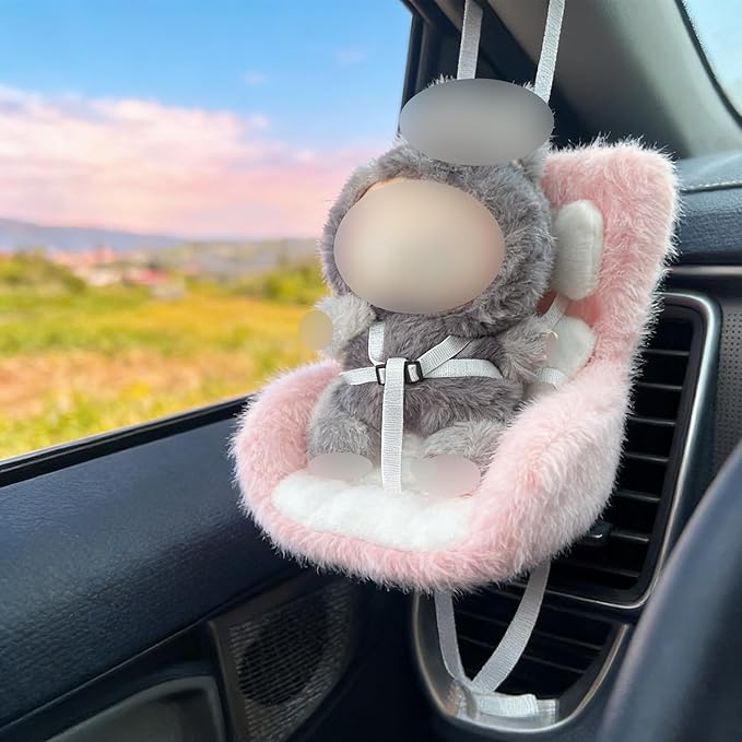 Doll Car Seat for 3–8 inch Figures, Fits Character Plushes, Blind Box Dolls & Vinyl Collectibles, Includes Air Vent Clip & Desktop Stand, Cute Car Ornament for Collectors (Rainbow Macarons)