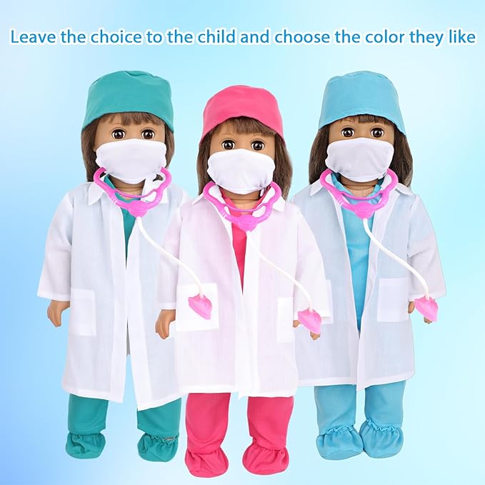 MSYO 18-Inch Doll Doctor Playset-Pretend Play Medical Kit with White Coat,Scrubs & Surgical Tools,STEM Roleplay Costume for Kids Ages 3-12,Fits Most 18-Inch Girl & Boy Dolls(Green)