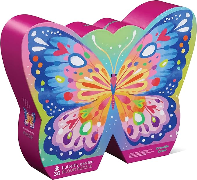 Crocodile Creek 36-Piece Jigsaw Floor Puzzle - Fun Floor Puzzles for Kids Ages 3-5 - Heavy-Duty Shaped Box for Storage - Butterfly Garden - 24" W x 18" H Finished