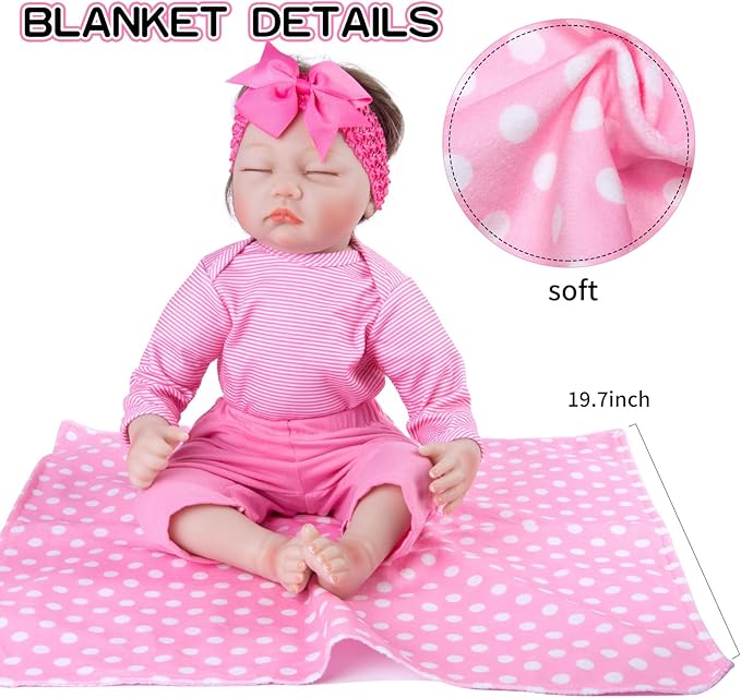 Pedolltree 8 Pcs Reborn Baby Dolls Clothes Girl Pink Striped Outfit Accessories with Pink Lace-Trimmed Bassinet for 17-20 Inch Reborn Dolls Newborn Baby Girl