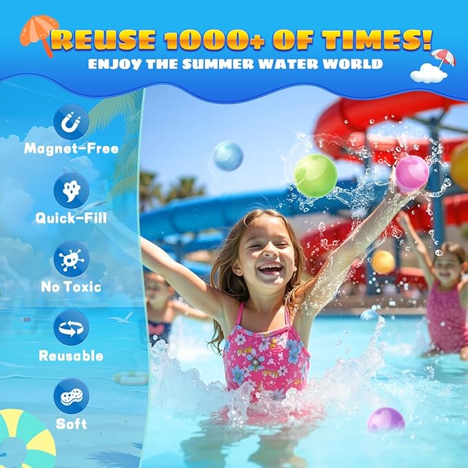 Reusable Water Balloons without Magnets, Silicone Refillable Water splash balls,Quick-Fill, Durable & Leak-Proof, Perfect for Outdoor Summer Water Fun