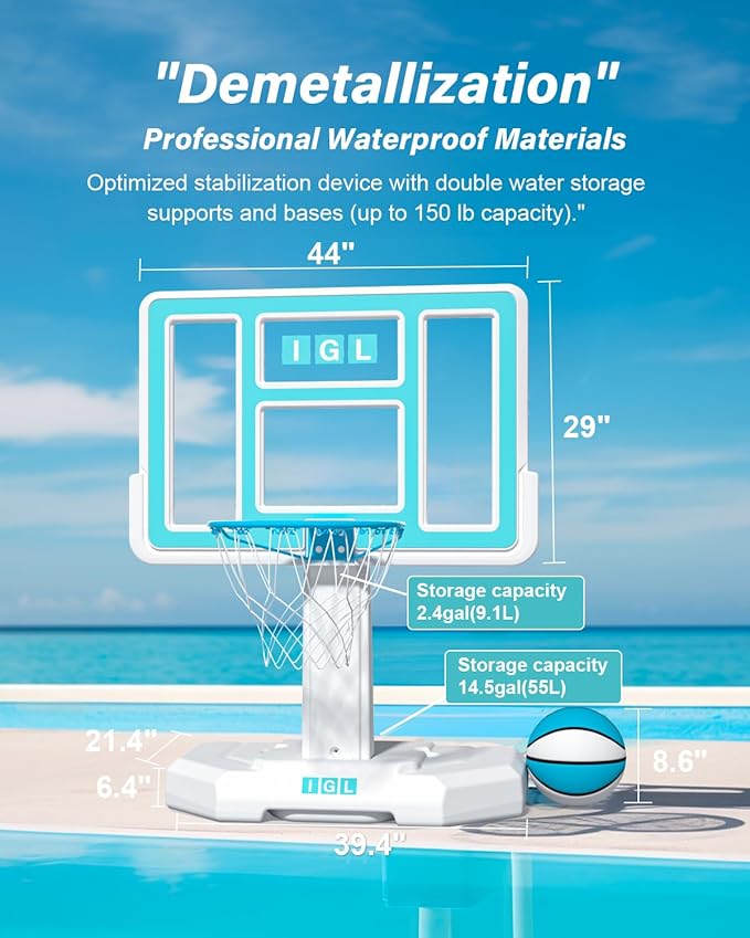 IGL Pool Basketball Hoop Outdoor, Outdoor Poolside Basketball Hoop, Base & Stand Double Water Storage with 2 Ball & Inflator, Stainless Steel Basketball Rim, Fixed Height