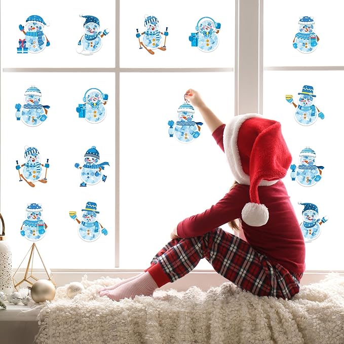 Renbuzhu 42PCS Winter Crafts Bulk: Snowman Paper Suncatchers DIY Kit for Christmas Holiday Activities Decorations, Window Stained Glass Effect Art Ornaments