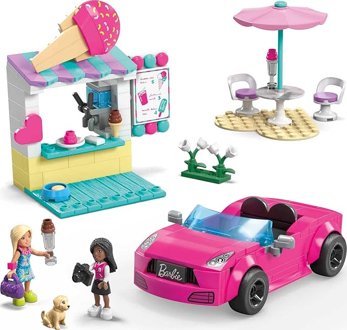 MEGA Barbie Kids Building Toy Set, Convertible & Ice Cream Stand with 226 Pieces, 2 Micro-Dolls and Accessories, Pink, Ages 6+ Years
