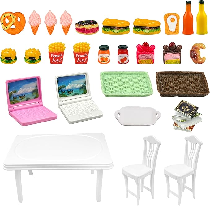 30 Pcs Miniature Food Drinks Laptop Computer Books Toys Dollhouse Miniature Furniture Plastic Table Fits Accessories Scale Dollhouse Playsets Girl Mini Drink Food Party