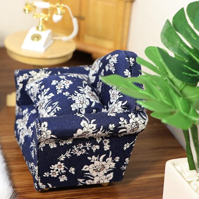 Dollhouse Couch with Pillow 1 12 Scale Miniature Sofa Arm Chair Living Room Furniture Wooden Fabric Frame Single Reading Chair Artificial House Room Scene Decoration (Blue)
