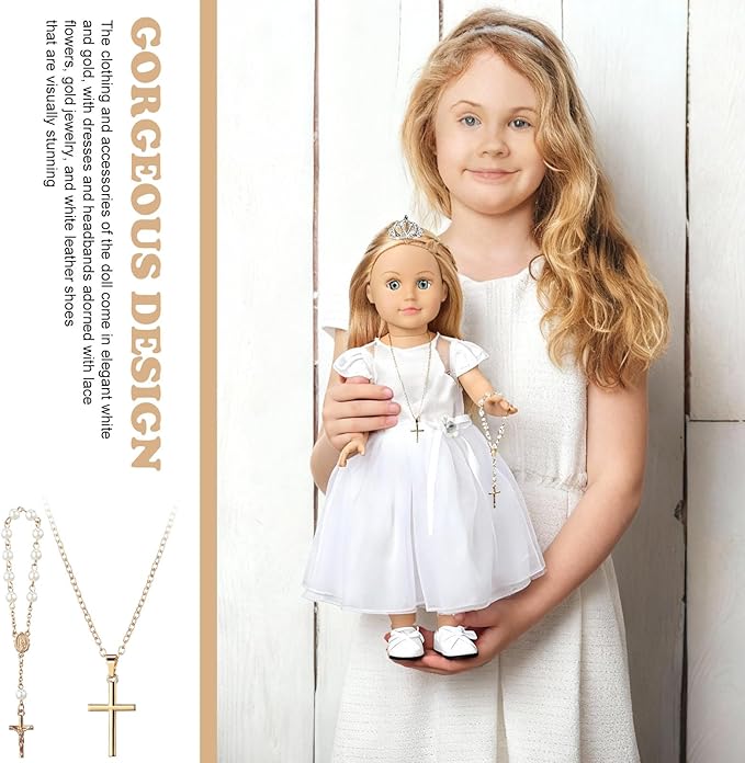 RoundFunny 7 Pcs 18 Inches American Doll Clothes Outfit First Communion Dress with Matching Headband Veil Bracelet Shoes Socks Necklaces Fit 18 Inches Dolls, Doll Not Included(Crown)