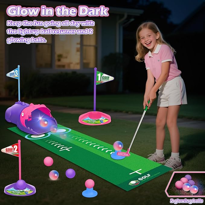 Kids Toy Golf Set with Dinosaur Automatic Golf Returner, Led Light Up Night Golf Balls, 3 Clubs, Putting Mat, 3-8 Toddler Mini Golf Games, Indoor Outdoor Sports Toys for Boys Girls (Pink)