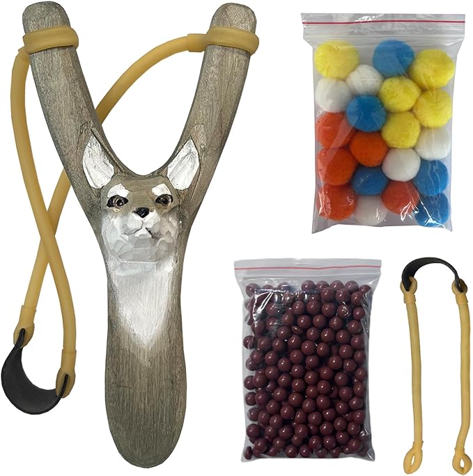 LINJAY Gray Wolf Wooden Slingshot Set with Clay Balls, 20 Felt Pom-Poms, Handcrafted Design, Indoor and Outdoor Target Practice, Complete Shooting Kit with Replacement Bands