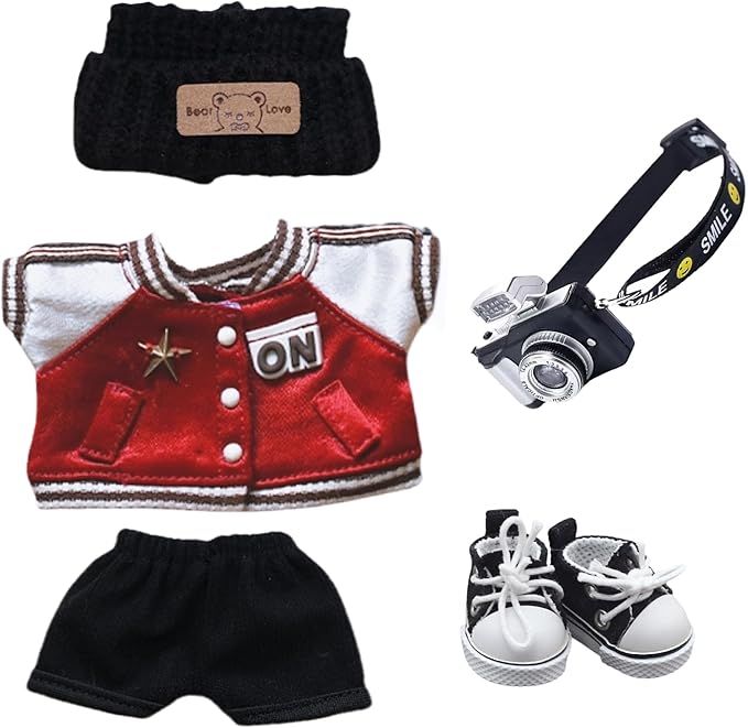 Baseball Doll Clothes Set for Doll 15cm 17cm, Sporty Outfits - Knit Hat, Jacket, Pants, Shoes & Detachable Mini Camera Accessories, Hiking/Camping/Snow Play Clothing for Plush Figures - Red/Black