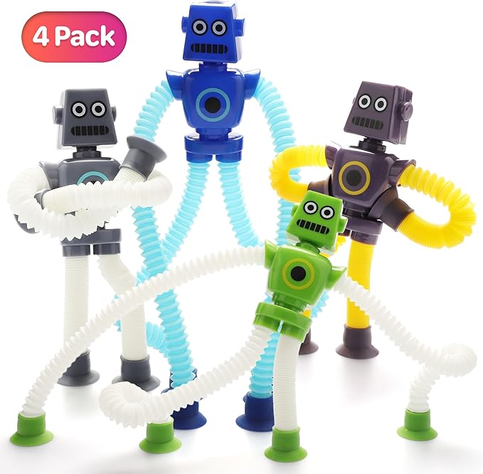 Boxgear 4 Pieces LED Telescopic Suction Cup Giraffe Toy, Shape Changing Telescopic Tube Fidget Toys, Pop Tubes, Fidget Tubes Sensory Toys for Girls Boys (Robot)