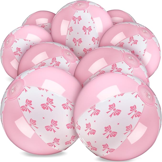 24 Pcs 9 Inch Pink Bow Inflatable Beach Balls Coquette Cute Pool Floats PVC Balls for Summer Hawaiian Tropical Theme Beach Pool Bachelorette Party Supplies (Pink White)