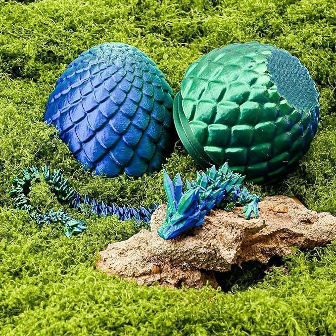 3D Printed Dragon Easter Egg,8.5in. Articulated Crystal Dragon Fidget Toy,Perfect Basket Essentials Stuffers (4sets & Gold/Bluegreen/CandyMulti/BlackRed, L8.5inch Dragon&H3.5inch Egg)