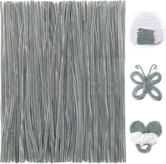 Praisebank Gray Pipe Cleaners for Crafts, 200pcs, Chenille Stems for DIY Projecets, Arts & Crafts Supplies for Festival Party Decorations