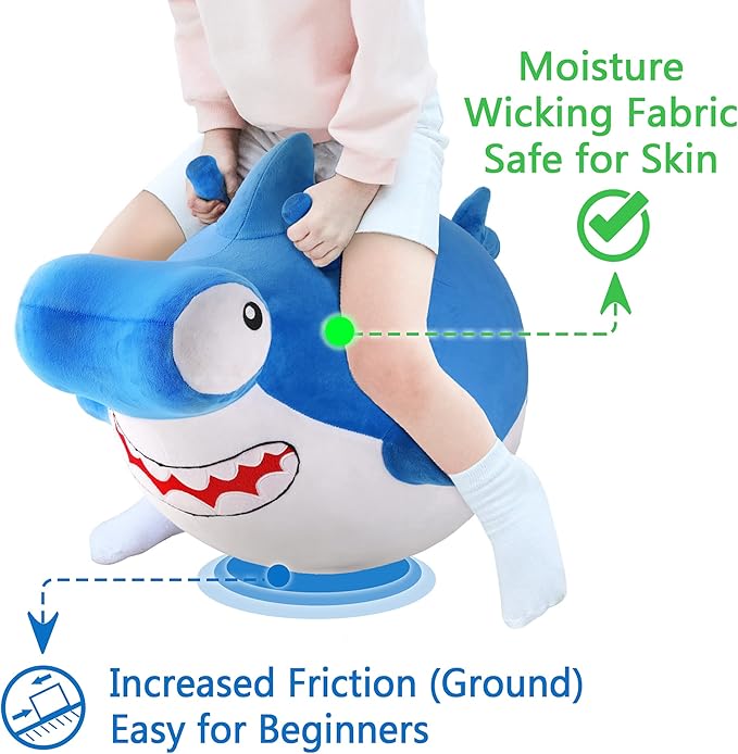 iPlay, iLearn Bouncy Pals Kid Shark Bouncy Balls, Toddler Hammer Head Shark Bouncing Ball W/Handle, Outside Ride Hopper Toy, Outdoor Active Hopping Jumper, Birthday Gift 2 3 4 5 6 Year Old Boy Girl