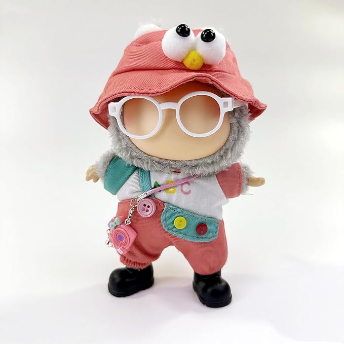 Stylish Adorable 17cm Dolls Clothes, 6PCS Doll Outfits Dress-Up with Hat + Top + Pants + Glasses + Shoes + Pendant Accessories (No Dolls) Red