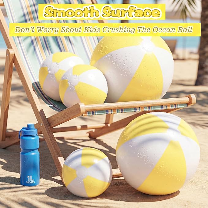 5 Pcs Inflatable Beach Balls 24 & 16 Inch Pastel PVC Large Beach Balls Bulk Blow up Pool Water Game Toy for Kid Adult Birthday Luau Summer Pool Party Favors Decorations(Yellow)