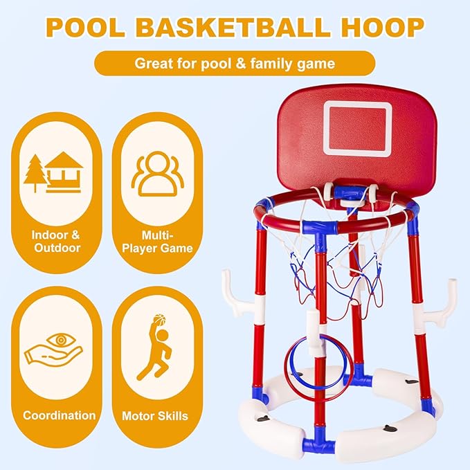 Taotuo Red Floating Pool Basketball Hoop with Backboard, 2-in-1 Basketball & Ring Toss Game with 4 Balls, 6 Rings&Pump, Summer Pool Toys Outdoor Water Fun Family Party for Age 3-12