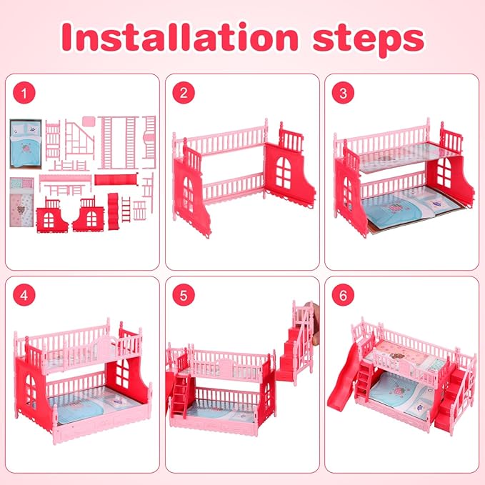 NOLITOY Miniature Bunk Bed with Slide for 6 Inch Dolls - Pink Double Deck Plastic Dollhouse Furniture Playset with Ladder & Bedding Accessories - Fits Small Dolls Figures