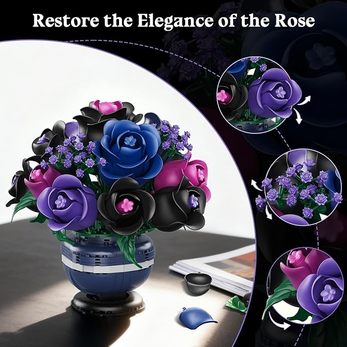 Flowers Botanicals Building Set - Artificial Purple Black Rose Bonsai Plant for Home Decor, 507PCS Artificial Flowers Building Set Indoor Gothic Decoration, Easter Birthday Gifts for Adults