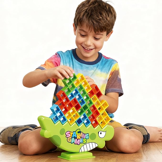 Stacking Balance Game for Kids & Adults - 3D Colorful Dinosaur Blocks 48PCS, Fine Motor Skill Development Toy, Retro Block Puzzle-Inspired Board Game, Gift for Ages 3+