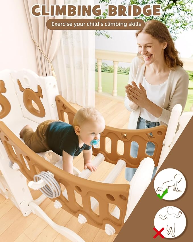 XJD 12-in-1 Toddler Slide and Swing Set, Kids Slide for Toddlers Age 1+, Toddler Outdoor Playset New Upgrade with Golf Set, Basketball Hoop, Drawing Board for Playground (Brown)
