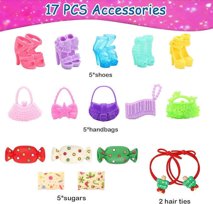Miunana 33PCS Fashion Doll Winter Holiday Outfits & Accessories for 11.5" Dolls – Cozy Christmas Dresses, Coats, Hats, Bags & More