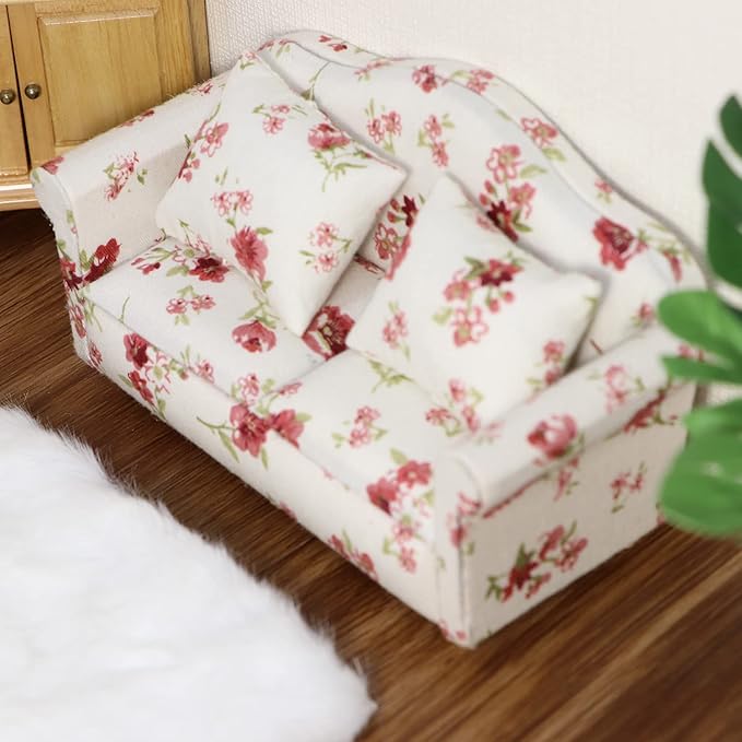 Dollhouse Couch Miniature Sofa with Pillows Dollhouse Living Room Funiture 1:12 Model 3 Pcs High Simulation Upholstered Armchair Mini Room Artificial House Scene Decoration (White Floral)