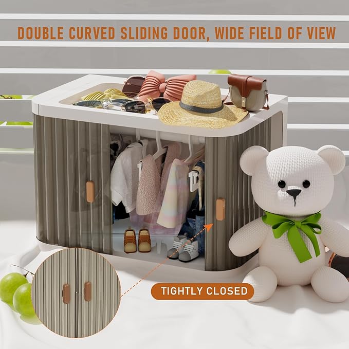 Doll Wardrobe Storage Box, Foldable Doll Closet with 10 Hangers and Rod for 15/17cm Doll Clothes Stackable Organizer Cabinet with Dust-Resistant Cover and Display Shelf (Transparent Grey)