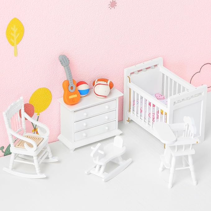 Silipull 5 Pcs 1: 12 Scale Wooden Dollhouse Furniture Set Miniature Wood Bedroom Furniture Wooden Dollhouse Accessories Encourage Creative and Imaginative Play for Kid Miniature Bathroom(White)