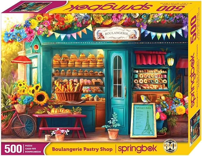 Springbok's Boulangerie Pastry Shop 500 Piece Jigsaw Puzzle for Adults Will Have Your Wishing for Pasteries in This Colorful Scene of Baked Goods and Flowers.