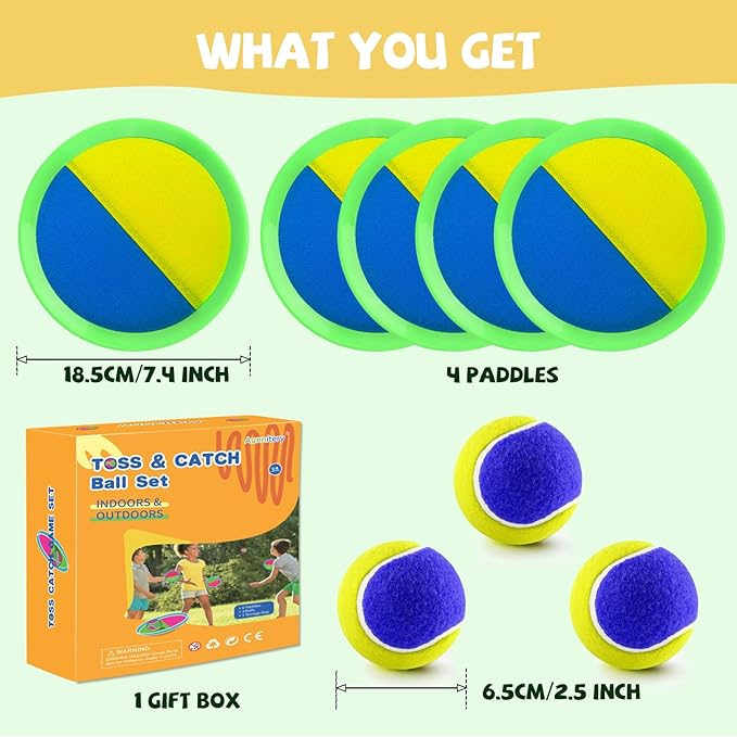 Outdoor Games - Beach Toys, Toss and Ball Set with 4 Paddles and 3 Balls, Perfect Yard Games Sets, Playground Sets for Backyards Easter Basket Stuffers for Kids/Adults/Family