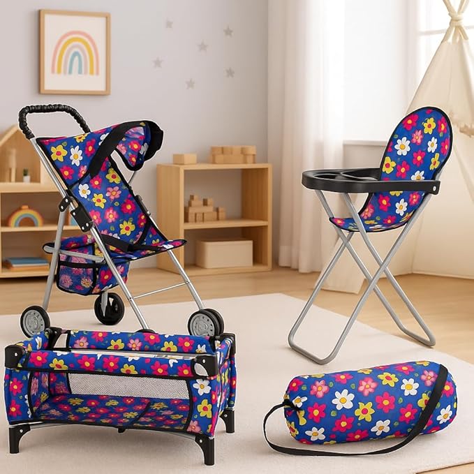 Fash n olor 3 Piece Baby Doll Play Set Flower Design Includes - Foldable Pack N Play, Baby Doll Stroller, Baby Doll High Chair, Fits Up to 18'' Dolls 3 Piece Doll Accessories Set, Best Gift for Girls