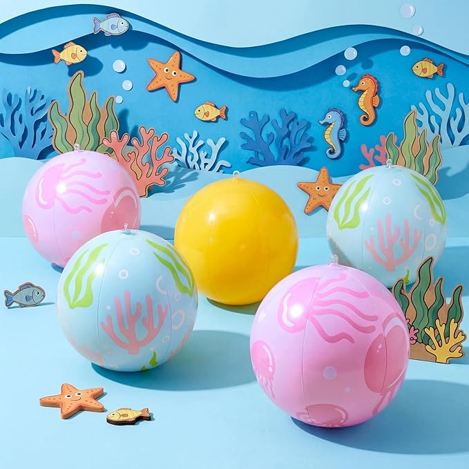 12 Pcs Cartoon Style Beach Balls 7.87 Inch Jellyfish and Coral Marine Creatures Inflatable Beach Balls for Cartoon Fans Tropical Hawaii Summer Swimming Pool Water Games Party Favors