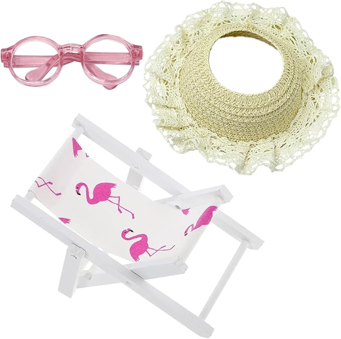 Doll Accessories Compatible with Labubu, 15cm/17cm Doll Chair,Mini Wooden Folding Beach Sunbath Chair with Sunglasses & Straw Hat,No Doll