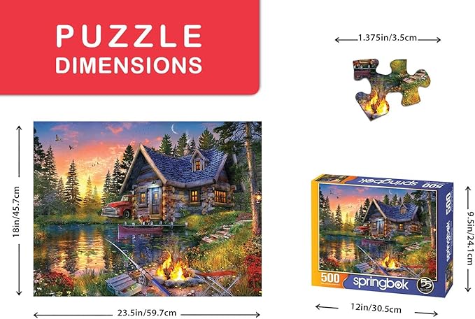 Springbok Sun Kissed Cabin 500 Piece Jigsaw Puzzle for Adults Features a Fishing Cabin by The Lake in a Colorful Illustration
