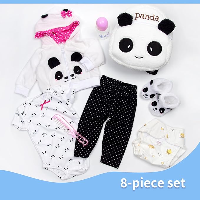 8 Pcs Reborn Baby Girl Doll Clothes Panda Outfits Accesories for 20-23 Inch Reborn Doll Newborn Baby Girl with Backpack&Diaper