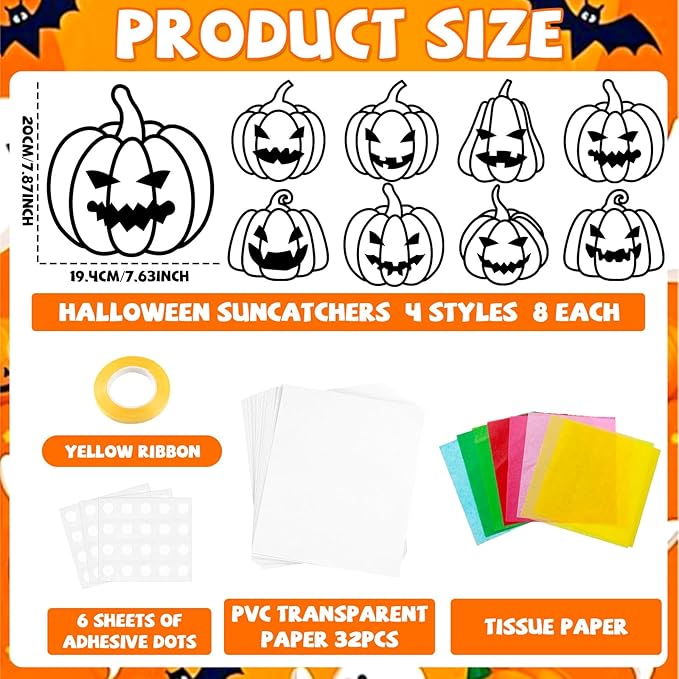 32 Sets Fall Halloween Pumpkin Suncatchers Craft Kit DIY Window Stained Glass Effect Halloween Pumpkin Paper Craft Home School Classroom Decoration Kid Birthday Gift Creative Art Project Activity Game