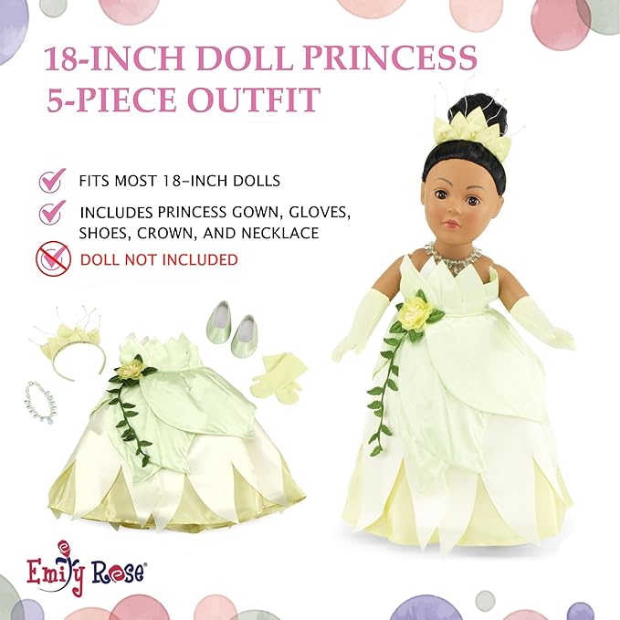 Emily Rose 18 Inch Doll Clothes 5-PC Princess Gown Halloween Costume Dress and Accessories Set with Crown, Necklace, Gloves and Matching Shoes | Doll NOT Included | USA Business