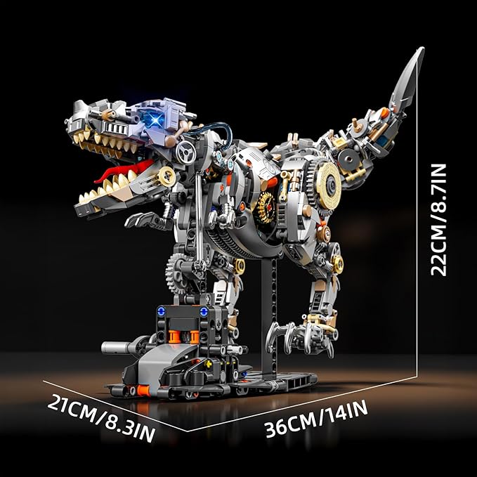 Mechanical Tyrannosaurus Building Blocks Set with LED Light & Display Stand, 1268 PCS T-Rex Dinosaur Model Kit, Home Decor & Collectible Gift for Adults, Teens.