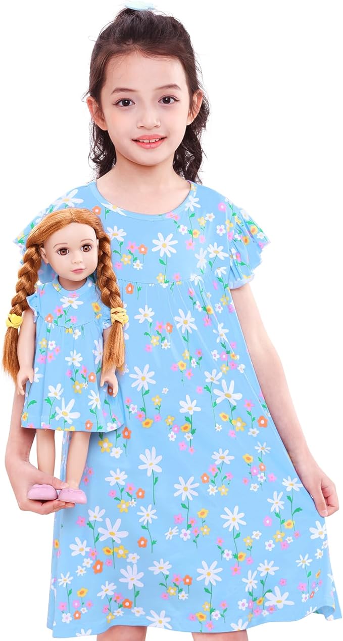 ICOSY Matching Doll & Girls Nightgowns Clothes Girls Pajamas Sleepwear Outfit for Kids and 18" Girl Doll